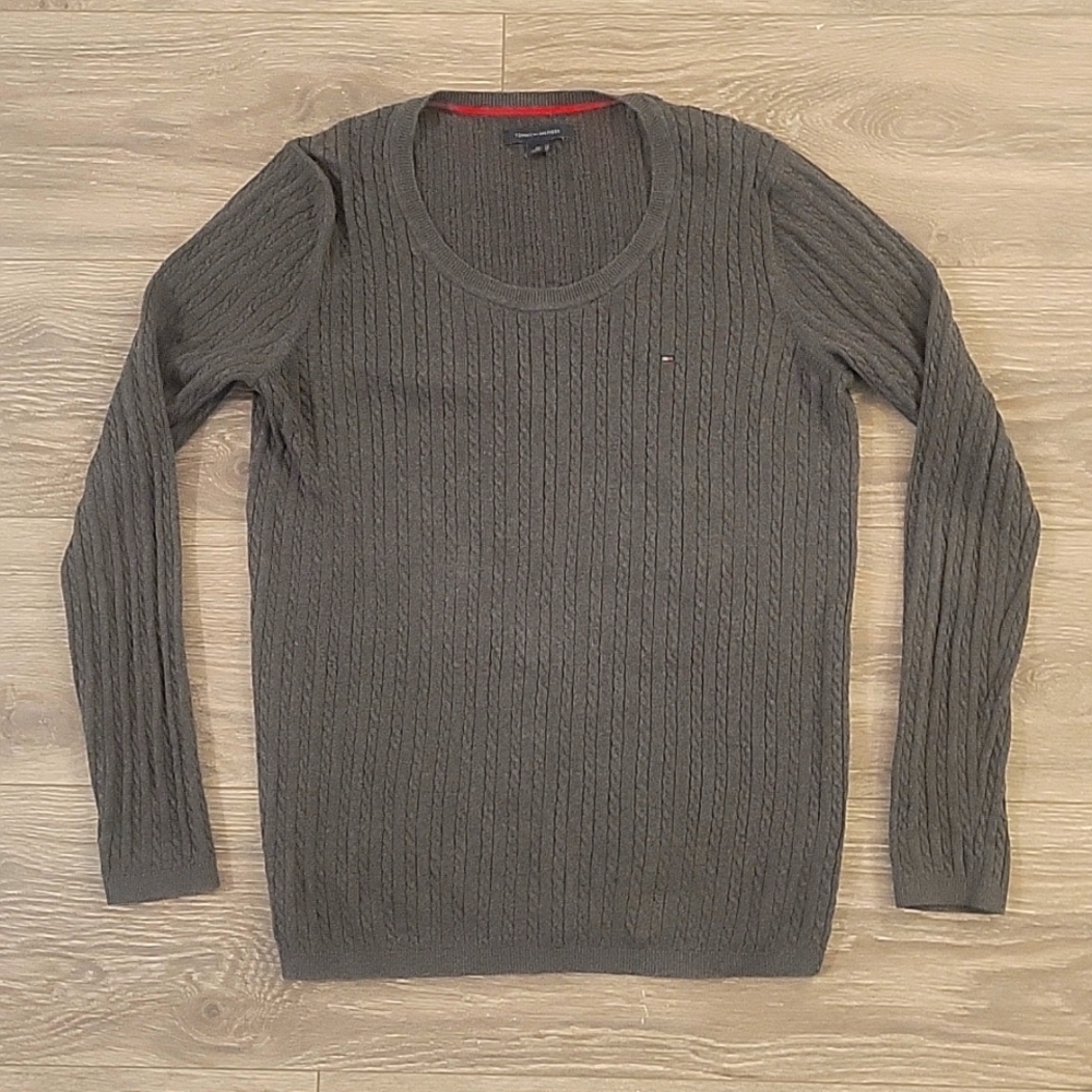 TOMMY HILFIGER WOMENS SCOOP NECK CABLE KNIT SWEATER, SIZE M, DARK GREY